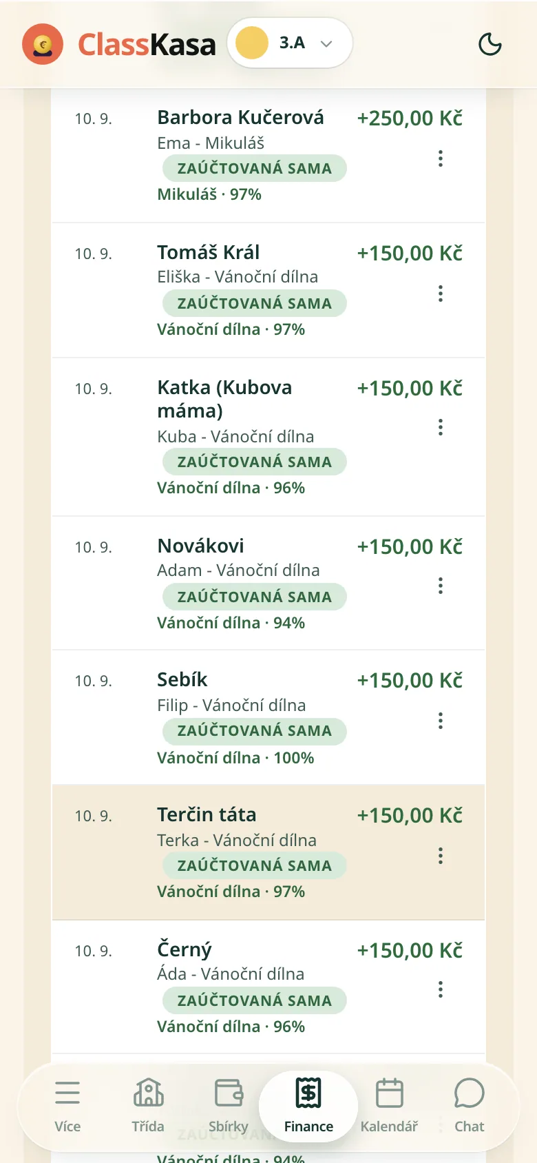 Bankovní převody v ClassKase: řádek po řádku příjmení rodiny, štítek zaúčtovaná sama a částka