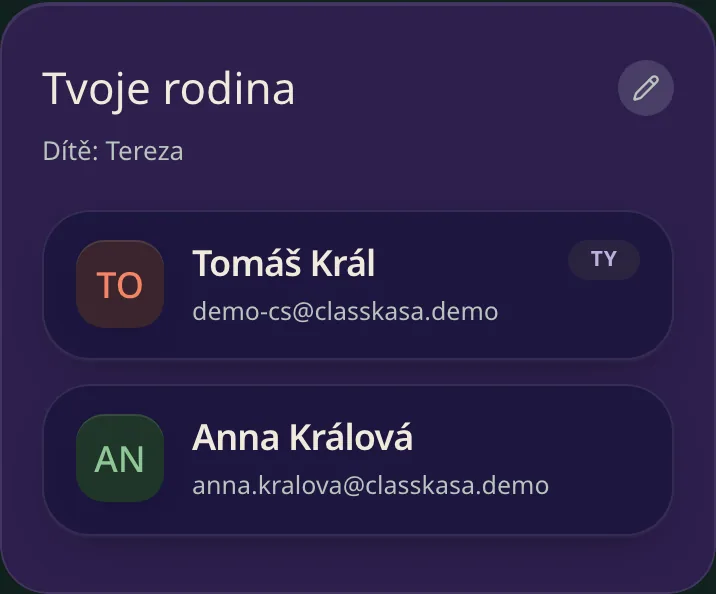 Karta „Tvoje rodina“ v rodičovském pohledu, se dvěma dospělými a dítětem