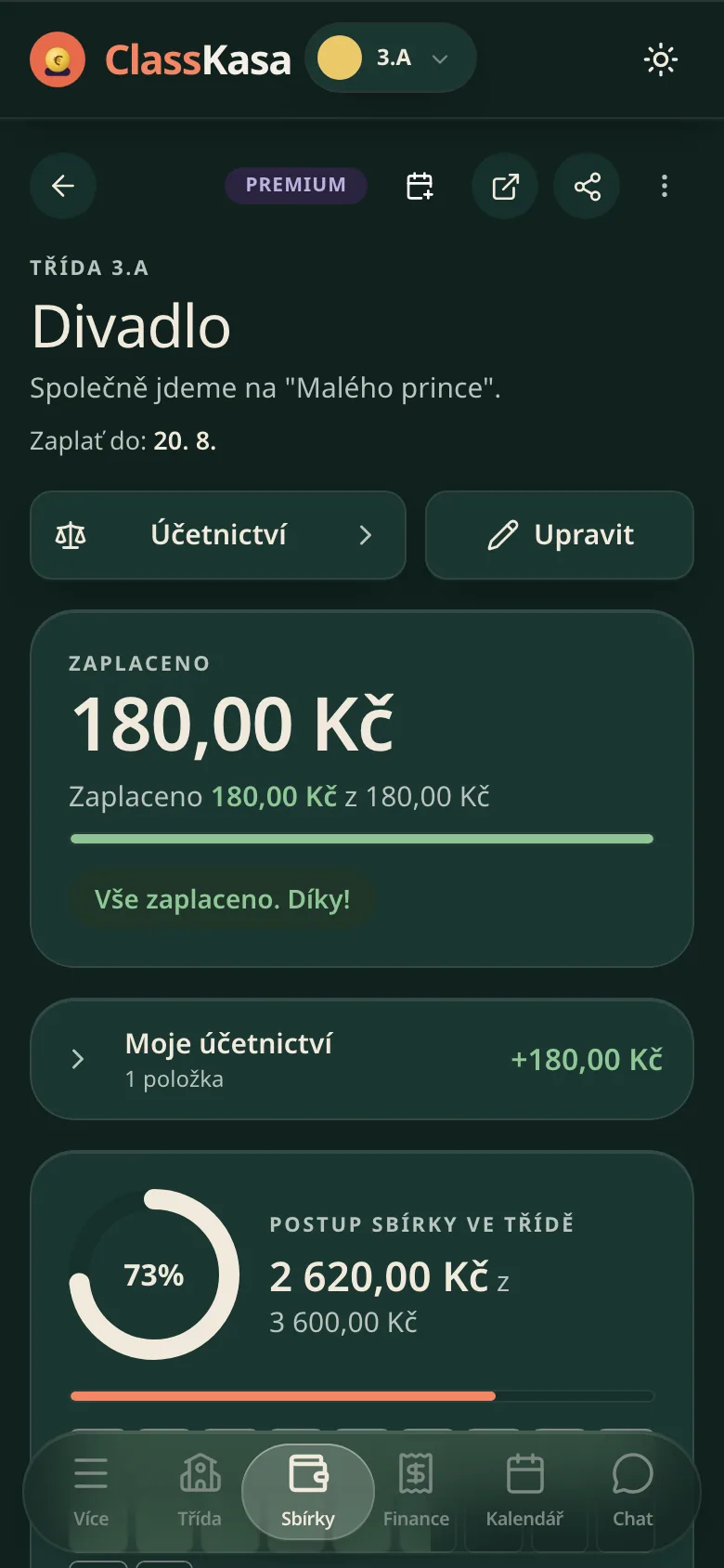 Třídní sbírka na výlet v ClassKase: termín, kolik tato rodina zaplatila, postup třídy