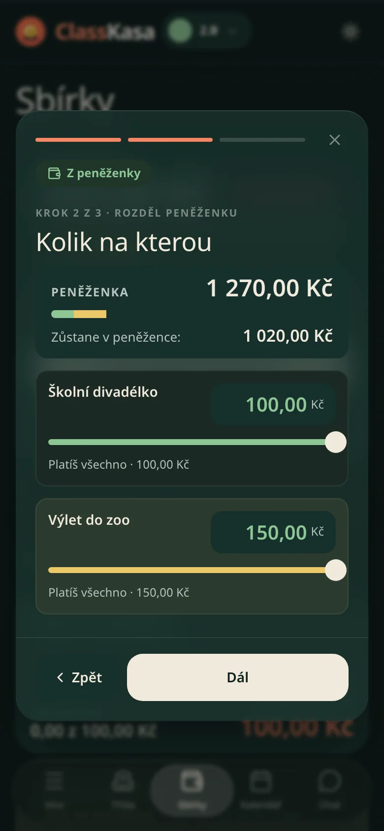 Přeplatek v peněžence rodiny v ClassKase: kolik zůstává, kolik jde na další sbírky