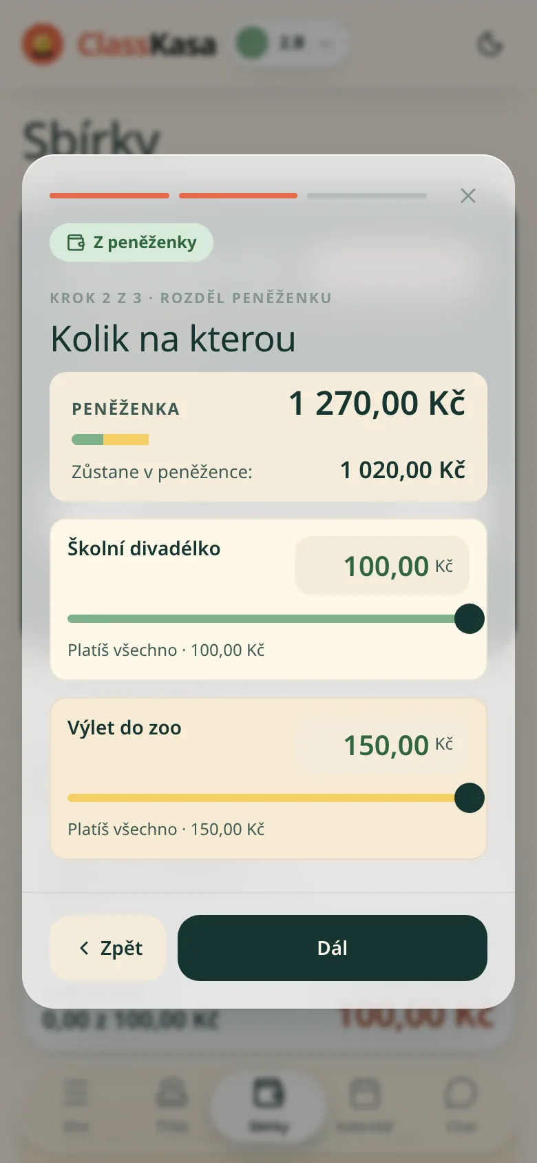 Přeplatek v peněžence rodiny v ClassKase: kolik zůstává, kolik jde na další sbírky