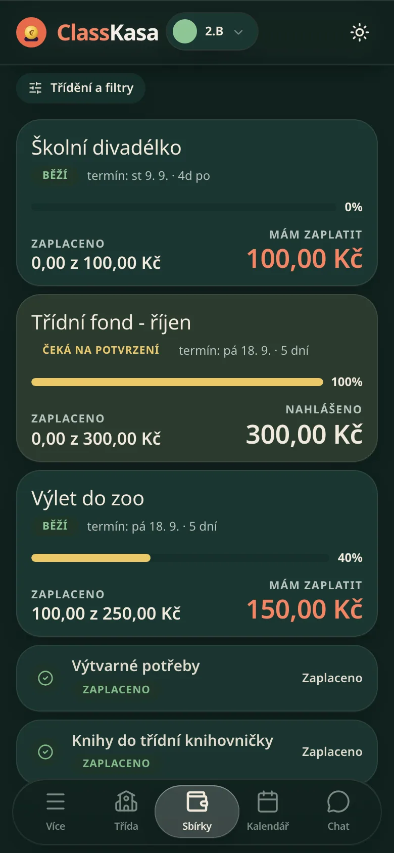 Třídní příspěvky rodiče v ClassKase: co je k zaplacení, co čeká na potvrzení, co je zaplaceno