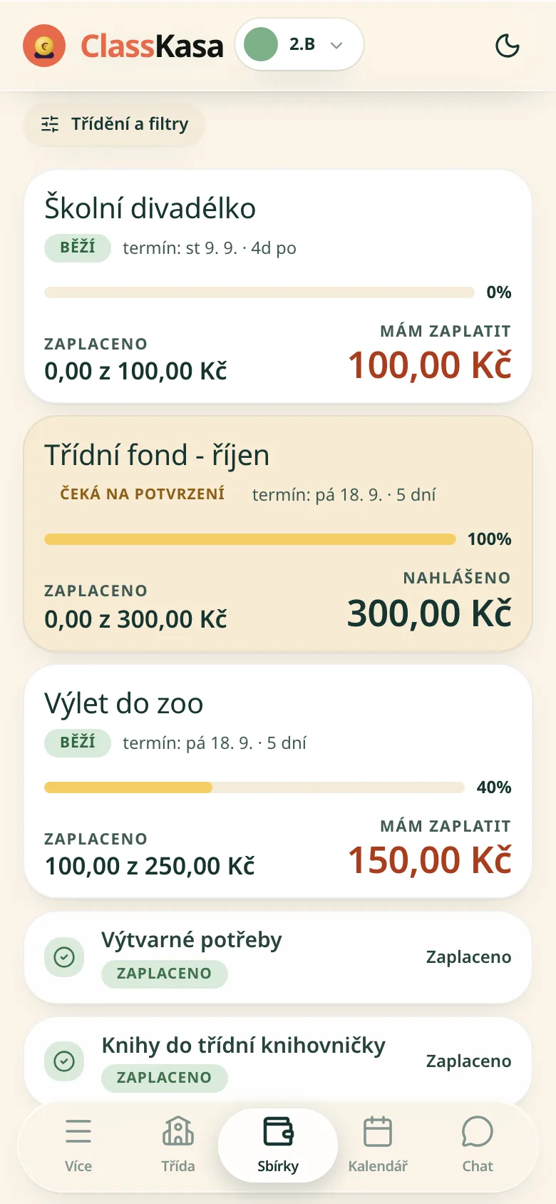Třídní příspěvky rodiče v ClassKase: co je k zaplacení, co čeká na potvrzení, co je zaplaceno