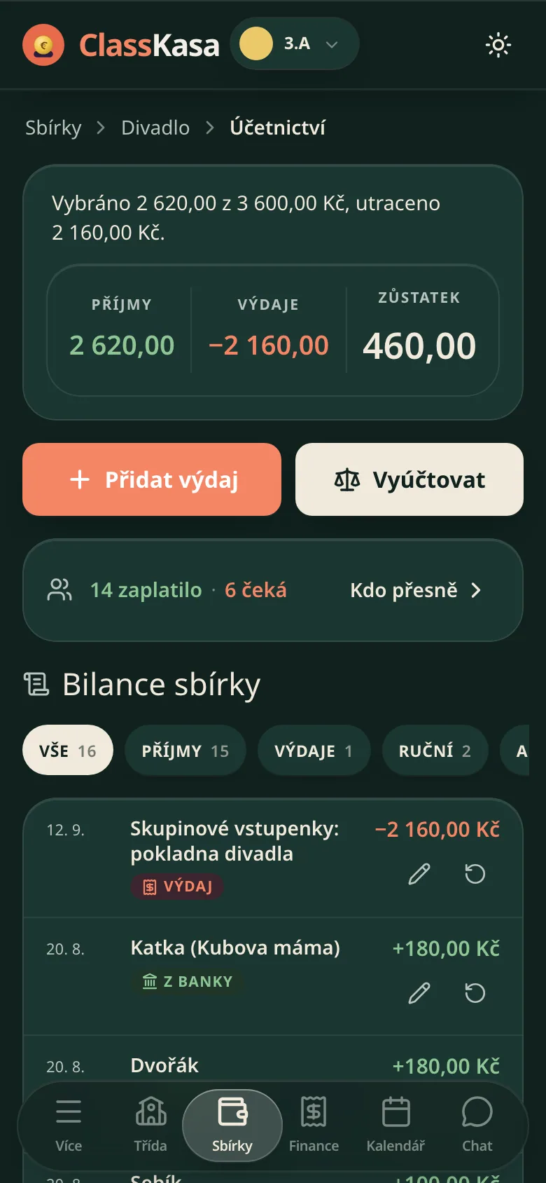 Vyúčtování třídní sbírky v ClassKase: vybráno, utraceno, zůstatek a bilance položku po položce