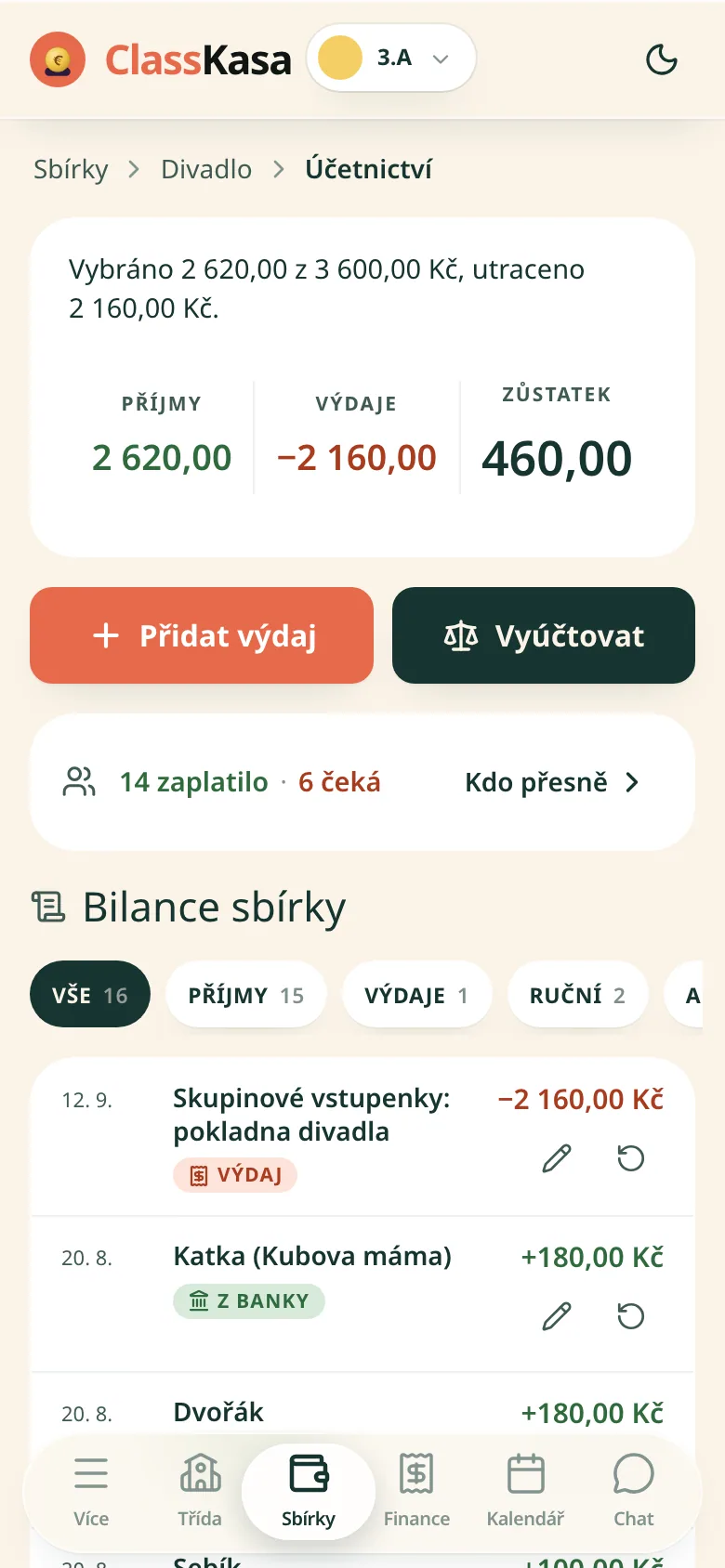 Vyúčtování třídní sbírky v ClassKase: vybráno, utraceno, zůstatek a bilance položku po položce