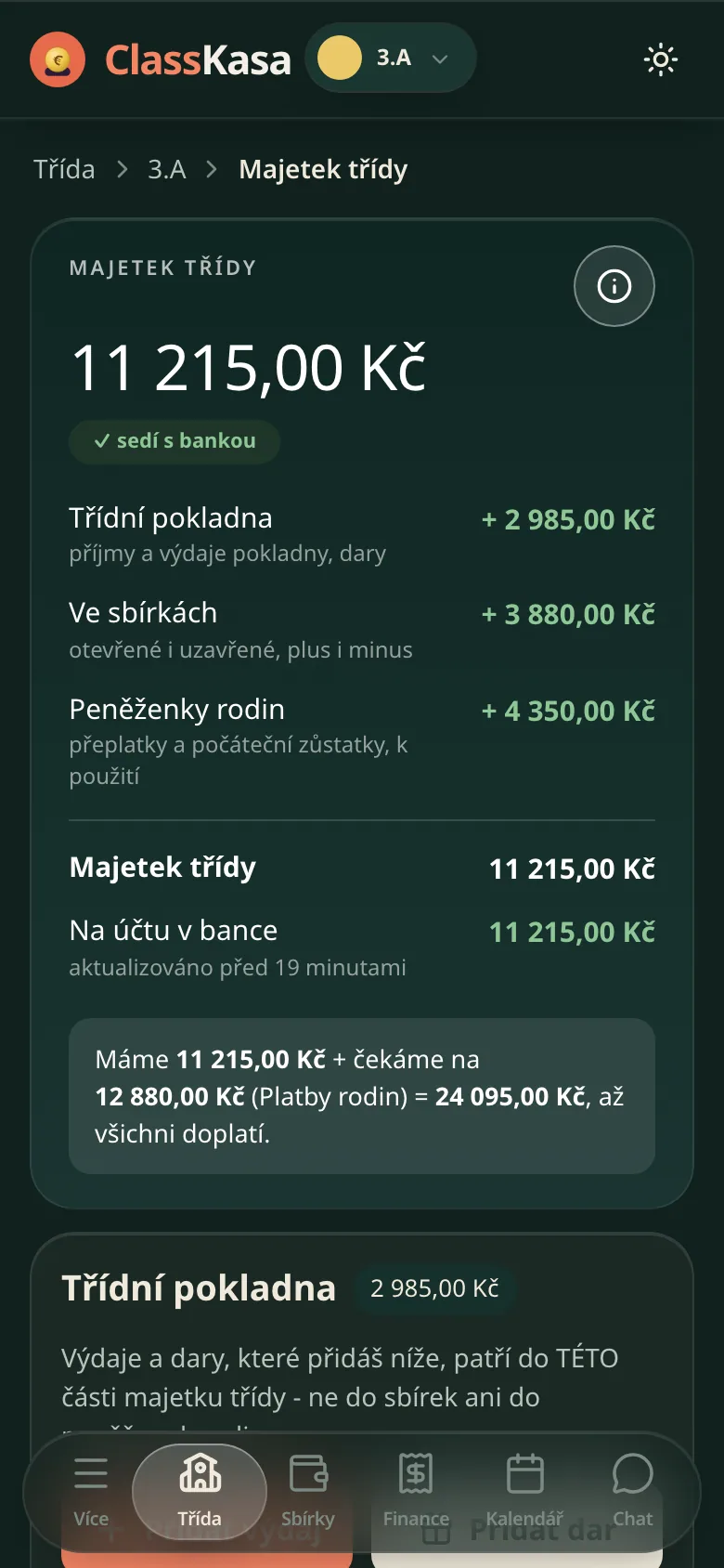 Peníze třídy v ClassKase: majetek třídy rozdělený na fond, zůstatky sbírek a peněženky rodin, v souladu s bankou